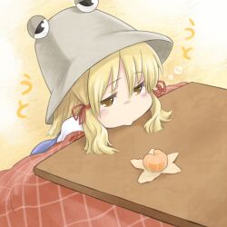  female food fruit futon hair hat mandarin mandarin_orange moriya_suwako myonde ribbon touhou twintails 