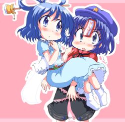  2girls :&lt; blue_eyes blue_hair blush carrying commentary_request dress flower geetsu hair_ornament hair_rings hair_stick hat hat_ornament jaggy_lines kaku_seiga miyako_yoshika multiple_girls oekaki oerba_yun_fang ofuda open_mouth outstretched_arms pink_background princess_carry short_hair simple_background skirt socks star_(symbol) star_hat_ornament touhou zombie_pose 