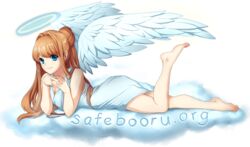  1girls angel angel_girl angel_wings barefoot blonde_hair female female_focus female_only halo robe safe safebooru safebooru-tan single_female site-tan smile supernatural white_clothes white_clothing white_skin 