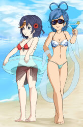  2girls alternate_costume barefoot beach bikini blue_bikini blue_eyes blue_hair blue_innertube blue_sky breasts brown_sarong cleavage closed_mouth cocktail cocktail_glass crossed_legs cup drinking_glass flower hair_flower hair_ornament hair_rings hibiscus highres holding holding_cup jiangshi kaku_seiga medium_breasts miyako_yoshika multiple_girls navel ocean ofuda outdoors outstretched_arms parted_bangs red_bikini red_flower sarong shika_miso short_hair sky smile standing sunglasses swimsuit touhou water watson_cross zombie_pose 