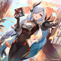  absurdres bare_shoulders blue_eyes bodysuit braid breast_curtain breasts door doorway earrings female genshin_impact gloves grey_hair hair_ornament hair_over_one_eye highres jewelry long_hair looking_at_viewer low-braided_long_hair low-tied_long_hair official_art open_door opening_door shenhe_(genshin_impact) tassel very_long_hair 