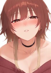  aketa_mikoto bare_shoulders blonde_hair blush breasts brown_eyes brown_hair cleavage collarbone female gradient_hair hair_between_eyes highres idolmaster idolmaster_shiny_colors kirou_(kiruyuu1210) large_breasts looking_at_viewer multicolored_hair parted_lips red_sweater sidelocks simple_background solo sweater white_background 