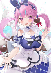  ahoge aqua_hair black_bow blue_bow blue_dress blue_ribbon blush bow braid breasts candy chocolate collarbone colored_inner_hair curly_hair dress earrings female food hair_ribbon heart heart-shaped_chocolate heart-shaped_food heart_earrings highres holding holding_candy holding_food holding_lollipop hololive jewelry large_breasts lollipop long_hair looking_at_viewer minato_aqua multicolored_hair open_mouth pink_eyes pink_hair ribbon smile solo spade_(shape) spoon sprinkles streaked_hair tatsuyoshi_(zawahomura) twintails two-tone_hair virtual_youtuber white_background 