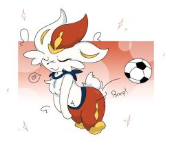  ambiguous_gender anthro ball biped cheek_tuft chest_tuft cinderace closed_eyes facial_tuft fur generation_8_pokemon guzzlord420 heart_symbol multicolored_body multicolored_fur nintendo pokemon pokemon_(species) red_body red_fur short_tail simple_background soccer_ball solo sparkles tail tuft uwu white_body white_fur white_tail 
