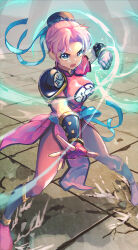  absurdres aura bare_legs blue_eyes boots breasts china_dress chinese_clothes dragon_quest dragon_quest_dai_no_daibouken dress female fighting_stance fingerless_gloves forehead gloves hair_bun highres keizo_aruminuum large_breasts looking_at_viewer maam medium_hair open_mouth parted_bangs pink_hair short_sleeves solo standing thighs v-shaped_eyebrows 