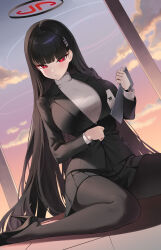  absurdres black_hair black_halo black_jacket black_pantyhose black_skirt blazer blue_archive blush breasts cloud cloudy_sky commentary_request dogee_(ch_dh0408) female hair_ornament hairpin halo high_heels highres holding holding_tablet_pc id_card jacket large_breasts long_hair looking_at_viewer multicolored_sky on_floor pantyhose red_eyes rio_(blue_archive) sitting skirt sky solo sweater tablet_pc turtleneck turtleneck_sweater very_long_hair white_sweater 