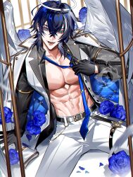  1boy :d abs absurdres adjusting_clothes adjusting_necktie angel angel_wings arm_support azeru_(vtuber) belt belt_buckle belt_chain black_belt black_gloves black_hair black_shirt blue_coat blue_eyes blue_flower blue_necktie blue_rose broken_halo buckle cage coat coat_on_shoulders collared_shirt commentary commission cowboy_shot crossed_bangs earclip earrings english_commentary feathered_wings flower gloves hair_between_eyes halo highres in_cage indie_virtual_youtuber jewelry lips long_sleeves looking_at_viewer loose_necktie lower_teeth_only male_focus medium_hair multicolored_hair multiple_rings necktie open_clothes open_shirt open_vest padded_coat pants pectoral_cleavage pectorals petals ring riu_(mybloodynails) rose shirt sitting sleeve_garter smile solo spread_legs streaked_hair teeth thigh_strap tie_clip toned toned_male two-sided_coat two-sided_fabric vest virtual_youtuber watermark white_coat white_hair white_halo white_pants white_vest white_wings wings 