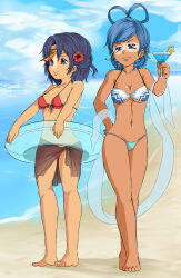  2girls alternate_costume barefoot beach bikini blue_bikini blue_eyes blue_hair blue_innertube blue_sky breasts brown_sarong cleavage closed_mouth cocktail cocktail_glass crossed_legs cup drinking_glass flower hair_flower hair_ornament hair_rings hibiscus highres holding holding_cup jiangshi kaku_seiga medium_breasts miyako_yoshika multiple_girls navel ocean ofuda outdoors outstretched_arms parted_bangs red_bikini red_flower sarong shika_miso short_hair sky smile standing swimsuit tan tanlines touhou water watson_cross zombie_pose 