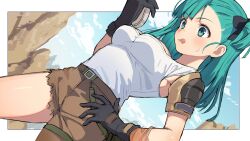  :q black_gloves blue_eyes blue_hair blue_sky breasts brown_pants bulma_briefs cleavage cloud commentary_request day dragon_ball dragon_ball_(classic) dragon_radar female gloves hifumi_chiyoko highres long_hair medium_breasts outdoors pants shirt sky solo tongue tongue_out white_shirt 