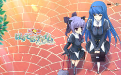  5pb. alicesoft animal_ears artist_request bag black_hairband black_shirt black_shoes black_skirt black_sleeve_cuffs blue_hair bolo_tie bow breasts brick_road briefcase brown_bag buttons cat_ears coattails company_name copyright_name copyright_notice gold_buttons grey_socks guimpe hairband hairbow highres holding holding_bag horizontal-striped_sleeve_cuffs japanese_clothes juliet_sleeves kimono kneehighs large_breasts leaf logo long_hair long_sidelocks long_sleeves looking_at_another mary_janes medium_breasts miniskirt neck_ribbon official_art official_wallpaper open_mouth pastel_chime pastel_chime_continue puffy_sleeves purple_bow purple_eyes purple_hair purple_ribbon ribbon saika_s._falnese school_bag school_briefcase second-party_source shadow shirt shoes sidelocks skirt socks sunlight suzuki_botan talking taut_clothes taut_shirt thighhighs tight_clothes tight_shirt title unworn_kimono very_long_hair walking white_stripes white_thighhighs yagasuri yellow_eyes 