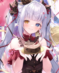  arm_cuffs black_shirt blouse blue_eyes blush bow buttons candy chocolate commentary_request female food frills grin hair_ribbon hairbow hat heart heart-shaped_chocolate heart-shaped_food heterochromia highres incoming_food kagura_gumi kagura_mea looking_at_viewer ribbon shirt smile solo teeth twintails upper_body valentine virtual_youtuber white_hair yellow_eyes yoshino_ryou 