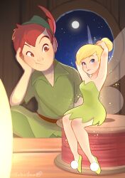  1boy bare_shoulders blonde_hair blue_eyes breasts brown_hair dress fairy fairy_wings female green_dress hair_bun highres looking_at_viewer peter_pan_(character) peter_pan_(disney) pointy_ears short_hair single_hair_bun strapless strapless_dress takatmaorange tinker_bell_(disney) wings 