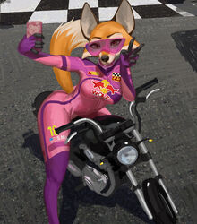  anthro breasts canid canine cellphone clothed clothing electronics female fox fur furstang gesture hand_gesture mammal meika_(rimba_racer) motorcycle phone rimba_racer selfie smile solo thick_thighs v_sign vehicle 