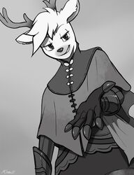  anthro antlers armor clothing deer grey_background hair horn kittellox_(artist) knight looking_at_viewer male mammal monochrome new_world_deer reindeer simple_background warrior 