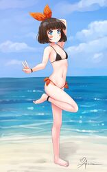  ankle_strap aposine arm_up bare_shoulders barefoot beach bikini black_bikini blue_eyes blue_sky blunt_bangs blush blush_stickers bob_cut borrowed_character bow breasts chloe_(srgrafo) cloud collarbone commentary day english_commentary female full_body hairbow highres horizon leg_up looking_at_viewer navel ocean orange_bikini outdoors reddit ribbon short_hair side-tie_bikini_bottom signature sky small_breasts smile solo standing standing_on_one_leg stomach swimsuit v water wristband 