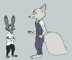  anthro arctic_fox bottomwear canid canine cheek_tuft claws clothed clothing crossed_arms disney duo facial_markings facial_tuft famished_(artist) fluffy fluffy_tail fox fur grey_background grey_body grey_fur head_markings head_tuft hi_res jack_savage lagomorph leporid looking_at_another looking_away mammal markings overalls pants pawpads rabbit shirt simple_background skye_(zootopia) standing tail toe_claws topwear true_fox tuft white_body white_fur zootopia 