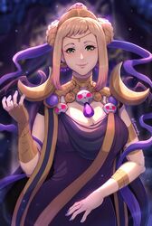  absurdres arm_strap black_dress blonde_hair breasts choker circlet cleavage closed_mouth commission cosplay crossover dress earrings english_commentary evomanaphy female fire_emblem fire_emblem_heroes gem green_eyes hades_(series) hades_1 hair_ornament henriette_(fire_emblem) highres jewelry lips nyx_(hades) nyx_(hades)_(cosplay) sidelocks skull skull_hair_ornament smile solo twitter_username 