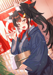  absurdres alternate_costume alternate_hairstyle animal_ear_fluff animal_ears bath_yukata black_hair blush breasts bucket female hair_ornament hairclip hand_up highres holding holding_bucket hololive indoors japanese_clothes kimono large_breasts long_hair long_sleeves looking_at_viewer multicolored_hair ookami_mio open_mouth ponytail red_hair shima_(pattern) solo streaked_hair tonarikeru towel virtual_youtuber wide_sleeves wolf_ears wolf_girl wooden_bucket yukata 