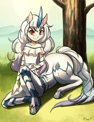  2018 blush capcom centaur clothing day elder_dragon equid equid_taur equine european_mythology female greek_mythology hair hooves horn humanoid_taur kirin_(mh) kittellox_(artist) looking_at_viewer mammal mammal_taur monster_hunter mountain mythological_creature mythological_equine mythology outside plant red_eyes sitting smile solo taur tree unicorn unicorn_taur white_hair 