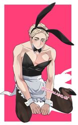  1boy :t alternate_costume animal_ears apron bad_id bad_twitter_id bare_shoulders black_leotard black_pantyhose blonde_hair blush bow bowtie clenched_hand commentary crossdressing detached_collar fake_animal_ears haikyuu!! high_heels highres kakan_king leotard male_focus male_playboy_bunny miya_atsumu multicolored_hair pantyhose pectorals rabbit_ears short_hair sitting solo strapless strapless_leotard symbol-only_commentary tearing_up thick_eyebrows toned toned_male twitter_username two-tone_hair waist_apron wrist_cuffs 