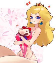  absurdres blonde_hair blue_eyes breasts character_doll closed_mouth commentary cookiedusty crown earrings english_commentary female highres hugging_doll hugging_object jewelry lingerie long_hair mario mario_(series) notice_lines princess_peach sitting solo underwear white_background 