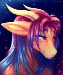  5:6 absurd_res angeliic_dragon_(piiunivers) anthro blush blush_lines female gem hair hi_res horn hybrid long_hair looking_down makeup piiunivers portrait scalie shy smile solo 