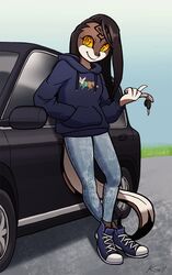  anthro biped bottomwear car clothing denim denim_bottomwear denim_clothing female footwear hair hi_res hoodie jeans kittellox_(artist) looking_at_viewer pants python reptile scalie shoes simple_background snake solo topwear vehicle 