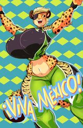  2017 anthro big_breasts breasts clothed clothing cosplay curvy_figure eye_patch eyewear felid female happy hi_res huge_breasts independence_day_(mexico) jaeh jaguar king_of_fighters mammal pantherine ramon_(kof) rosita skimpy solo spanish_text text thick_thighs translated voluptuous wide_hips 