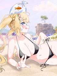  absurdres bag bagged_fish beach bikini bikini_tug black_bikini blonde_hair blue_eyes blurry blurry_background blush breasts collarbone female fish flower goldfish gurumie hair_flower hair_ornament highres hololive hololive_english large_breasts long_hair looking_at_viewer lying mole mole_on_breast navel on_side open_mouth outdoors plastic_bag sidelocks smile solo sweat swimsuit takodachi_(ninomae_ina&#039;nis) tree twintails virtual_youtuber watson_amelia 