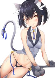  animal_ear_fluff animal_ears animal_hands bare_shoulders bell black_hair black_panties blue_ribbon blush breasts brown_eyes cat_ears cat_tail fake_animal_ears fate/kaleid_liner_prisma_illya fate_(series) feather_hair_ornament feathers female gloves grey_gloves grey_thighhighs grey_vest hair_ornament hairclip highres jingle_bell long_hair looking_at_viewer miyu_edelfelt miyu_edelfelt_(beast_style) navel neck_ribbon panties paw_gloves ribbon sashimi_nasu small_breasts solo tail thighhighs thighs twintails underwear vest 