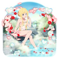  alice_zuberg arm_support bad_id barefoot blonde_hair blue_eyes breasts cleavage collarbone day female hair_intakes highres looking_at_viewer medium_breasts naked_towel official_art onsen open_mouth outdoors print_towel sidelocks sitting soaking_feet solo steam sword_art_online sword_art_online:_alicization tied_hair towel transparent_background twirling_hair 