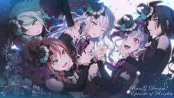  5girls :d ;) absurdres bang_dream! black_gloves black_hair blue_eyes blue_hair blush brown_hair copyright_name dress earrings elbow_gloves elbow_rest eyebrows_hidden_by_hair flower frilled_sleeves frills from_above gloves gothic_lolita green_eyes green_hair grey_hair hair_flower hair_ornament hand_on_another&#039;s_cheek hand_on_another&#039;s_chin hand_on_another&#039;s_face hand_on_another&#039;s_shoulder head_rest highres hikawa_sayo holding_hands imai_lisa interlocked_fingers jewelry lace-trimmed_gloves lace_trim lolita_fashion long_hair looking_at_viewer lying minato_yukina multiple_girls neck_ribbon nobusawa_osamu oerba_yun_fang official_art on_back on_side one_eye_closed open_mouth orange_eyes petals ponytail puffy_short_sleeves puffy_sleeves purple_dress purple_eyes purple_ribbon red_ribbon ribbon rose roselia_(bang_dream!) shirokane_rinko short_sleeves sidelocks sleeveless smile teeth udagawa_ako upper_body upper_teeth_only 