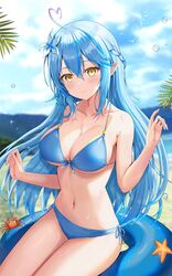  arms_up beach bikini blue_hair blue_nails blue_sky blurry blurry_background blush breasts cleavage closed_mouth cloud collarbone crab day female flower hair_flower hair_ornament highres hololive innertube large_breasts long_hair looking_at_viewer navel ocean outdoors pointy_ears revision sand sauvignon side-tie_bikini sitting sky smile solo starfish stomach string_bikini swimsuit thighs very_long_hair virtual_youtuber water_drop wet white_flower yellow_eyes yukihana_lamy 