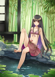  adapted_costume architecture arm_support bamboo bamboo_forest bare_shoulders barefoot black_hair blunt_bangs bra breasts closed_mouth collarbone commentary east_asian_architecture feet female flan_(seeyouflan) forest frilled_bra frills highres houraisan_kaguya leg_up legs lily_pad long_hair looking_at_viewer nature navel outdoors photoshop_(medium) pink_bra pond sidelocks skirt small_breasts smile soles solo stomach straight_hair tied_skirt toes touhou underwear very_long_hair 