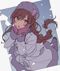  :o blush blush_stickers braid braided_ponytail breath coat dutch_angle female framed fur-trimmed_coat fur_hat fur_trim gloves hands_on_own_cheeks hands_on_own_face hat highres idolmaster idolmaster_shiny_colors long_hair looking_at_viewer looking_up niyororinpayamaru osaki_amana papakha purple_gloves red_hair round_teeth snowing solo teeth white_coat 