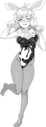  animal_ears antenna_hair arknights bad_id bad_pixiv_id blush bow breasts cleavage closed_eyes closed_mouth collarbone covered_navel female greyscale hair_ornament hairbow hairclip hatching_(texture) highres kroos_(arknights) leotard medium_hair monochrome moto_toshi no_shoes pantyhose parted_lips paw_pose playboy_bunny rabbit_ears smile solo 