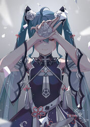  arms_up blue_dress blue_hair blurry blurry_foreground braid closed_eyes closed_mouth commentary crying detached_sleeves dress facing_viewer female flower grey_background hair_between_eyes hair_flower hair_ornament hair_ribbon hatsune_miku highres long_hair long_sleeves red_ribbon ribbon ringo_no_usagi_(artist) see-through signature smile solo standing tears twintails vocaloid white_flower wide_sleeves 