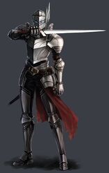  1boy armor belt blue_eyes breastplate clenched_hand dated_commentary full_armor gauntlets glowing glowing_eyes greaves grey_background helmet holding holding_sword holding_weapon knight korean_commentary male_focus mhg_(hellma) original pauldrons scabbard sheath shoulder_armor simple_background solo standing sword torn_clothes weapon 