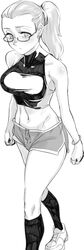  bad_id bad_pixiv_id bare_shoulders blush bracelet character_request collarbone covered_collarbone earrings female glasses greyscale hatching_(texture) highres jewelry long_hair monochrome moto_toshi navel ponytail shoes single_earring sneakers solo turtleneck 