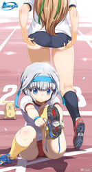  2girls adjusting_buruma adjusting_clothes blue_buruma blue_eyes blue_headband blue_socks brown_hair buruma from_behind green_ribbons grey_hair hamster headband highres himawari_(myslot) inoue_sora kneehighs long_hair midori-chan_(myslot) multiple_girls myslot out_of_frame outdoors putting_on_shoes red_buruma ribbon running_track shoes short_hair short_sleeves sitting sneakers socks sportswear standing track_and_field wristband yellow_legwear 