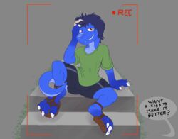  anthro bottomwear clothing digitigrade dinosaur dromaeosaurid english_text extinct footwear kulbara kyrio_the_raptor_(kyrio) male prehistoric_species reptile reticle sandals scalie shirt shorts sitting solo speech_bubble stairs tail text theropod thick_tail topwear 