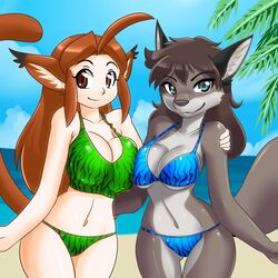  1:1 anthro beach bikini breasts canid canine canis caribbean_blue cleavage clothed clothing duo female hair humanoid mammal nekonny seaside shazetta smile swimwear wolf yuki_(caribbean_blue) 