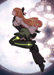  artist_name backlighting black_bow black_gloves blush bow breasts closed_eyes commentary corset dishwasher1910 english_commentary female frilled_skirt frills from_side full_body full_moon gloves glowing green_skirt hairbow juliet_sleeves long_hair long_sleeves medium_breasts midair moon neon_trim night orange_hair parted_lips penny_polendina profile prosthesis prosthetic_leg puffy_sleeves rwby skirt solo spoilers very_long_hair 