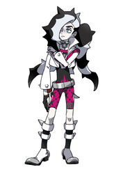  1boy asymmetrical_gloves belt bike_shorts black_hair boots bracelet collar collarbone commentary_request cropped_jacket eyeshadow gloves green_eyes highres jacket jewelry kagio_(muinyakurumi) knees long_hair long_sleeves makeup male_focus mismatched_gloves multicolored_hair partially_fingerless_gloves piers_(pokemon) pokemon pokemon_swsh shirt simple_background solo two-tone_hair white_background white_hair white_jacket 