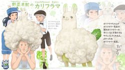  2boys afro alpaca animal animal-themed_food animal_hat black_hair blush boots bow bowtie brown_eyes cauliflower cheek_pinching commentary_request english_text female flat_cap food grey_eyes hands_on_own_cheeks hands_on_own_face hat highres leg_up lettuce looking_at_viewer mouse_(animal) multiple_boys mushroom open_mouth original overalls oyasai_yousei_to_manabu_yasai_no_chishiki_zukan pinching ponkichi_(ponkichim) projected_inset shirt shoes short_hair short_sleeves sleeveless smug sneakers socks standing standing_on_one_leg suspenders tank_top tasmanian_devil translation_request v-shaped_eyebrows vegetable white_hair 