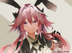  1boy animal_ears artist_name astolfo_(fate) astolfo_(saber)_(fate) astolfo_(saber)_(third_ascension)_(fate) bad_id bad_pixiv_id black_bow black_gloves black_ribbon bow bowtie closed_mouth commentary_request fate/grand_order fate_(series) gloves hair_between_eyes hair_intakes hair_ornament hair_ribbon hairbow happy kuu_1999 long_hair long_sleeves looking_at_viewer low_twintails male_focus multicolored_hair otoko_no_ko pink_hair purple_eyes rabbit_ears rabbit_hair_ornament ribbon simple_background smile solo streaked_hair thighhighs tongue tongue_out twintails twitter_username upper_body 