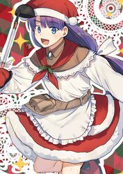  apron belt bow brooch brown_belt brown_shirt christmas commentary fate/grand_order fate_(series) female fur-trimmed_skirt fur_trim hairbow hat highres holding holding_ladle jewelry ladle long_hair long_sleeves looking_at_viewer martha_(fate) martha_(santa)_(fate) mittens nikame open_mouth purple_hair red_hat red_scarf red_skirt santa_hat scarf shirt signature skirt smile solo tongue white_apron white_bow 