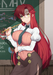  alternate_costume anarchojs bespectacled between_breasts breasts chalkboard commentary_request covered_nipples cowboy_shot female glasses highres impossible_clothes indoors juliet_sleeves large_breasts long_hair long_skirt long_sleeves looking_at_viewer necktie necktie_between_breasts pencil_skirt pointer ponytail puffy_sleeves red_hair shirt side_slit skirt smile solo teacher tengen_toppa_gurren_lagann very_long_hair yellow_eyes yoko_littner yomako 