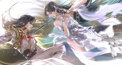  1boy absurdres bare_legs bare_shoulders black_hair blood bracelet character_request dress female fighting formal hair_ornament highres holding holding_sword holding_weapon injury jewelry leg_up long_hair parted_lips realistic sash serious shan_chuan_yu_yue stab suit sword wanmei_shijie weapon white_dress yue_chan_(wanmei_shijie) 