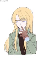  biting blonde_hair blue_eyes colored_eyelashes female glove_biting gloves green_jacket hand_up highres jacket korean_commentary kumaman long_hair looking_away mouth_pull nishina_toriko purple_eyes removing_glove simple_background solo teeth transparent_hand urasekai_picnic white_background 